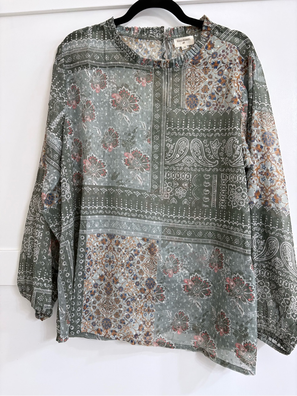 Cost Plus World Market Green Patchwork Floral Blouse